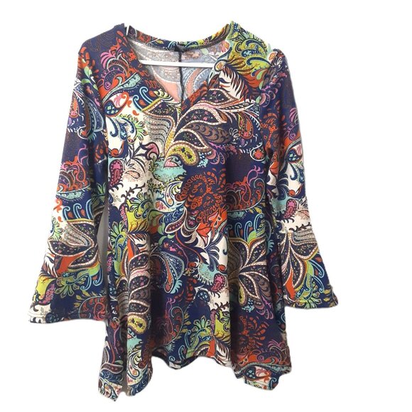 WinWin Flare Bottom Tunic S-M Peasant Gypsie Hippie Flare Sleeve Pullover V-Neck - Picture 1 of 9